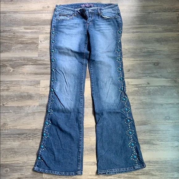 Women's Celebrity Pink Distressed And Studded With Stones Flare Bottom Jeans 28 - Picture 3 of 13